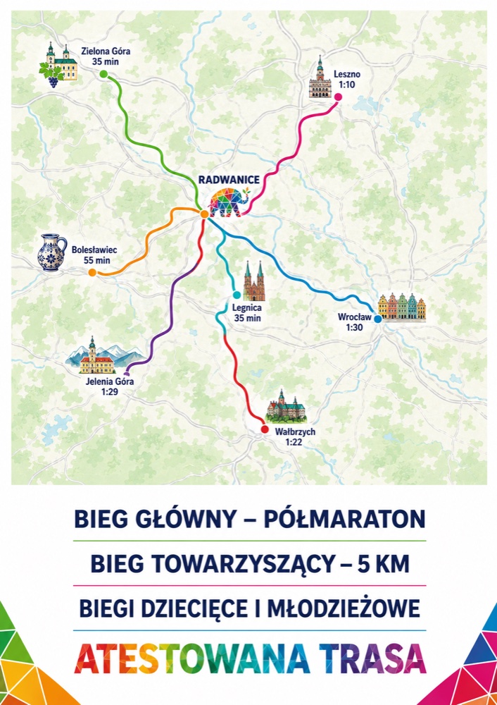 Mapa dojazdu do Radwanic z czasami przejazdu z okolicznych miast
